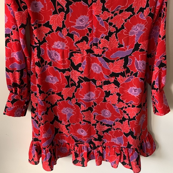 WHO WHAT WEAR purple red black floral ruffle hem dress SZ XS covered buttons - Picture 9 of 14